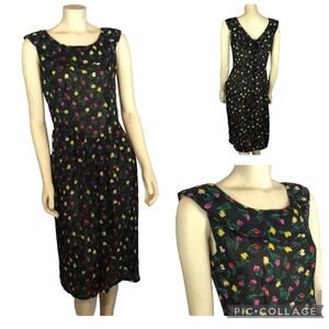 Vintage Y2K Floral black Sheer Sleeveless Dress with red & yellow tulips size 8